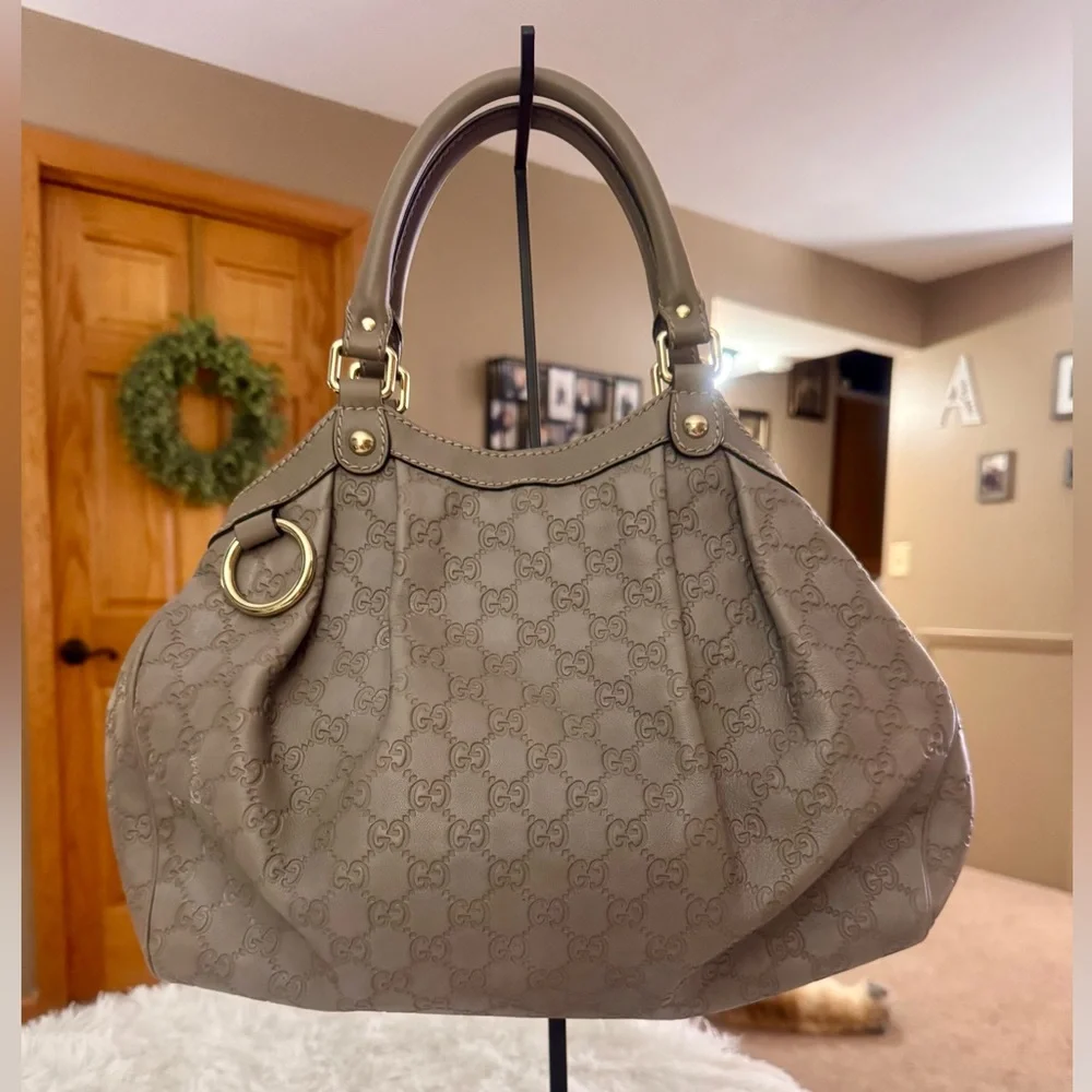 Gucci Gray / Taupe Monogram Pleated Hobo with Gold Hardware - Picture 1 of 14